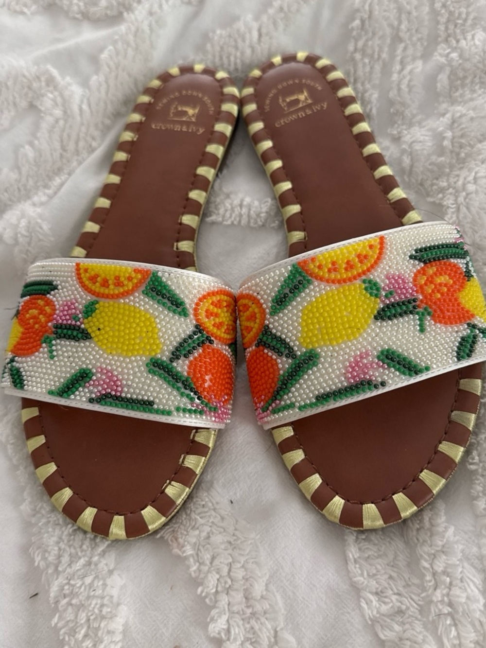 crown & ivy Beaded Citrus Slide Sandals - White, Yellow, Orange, Green